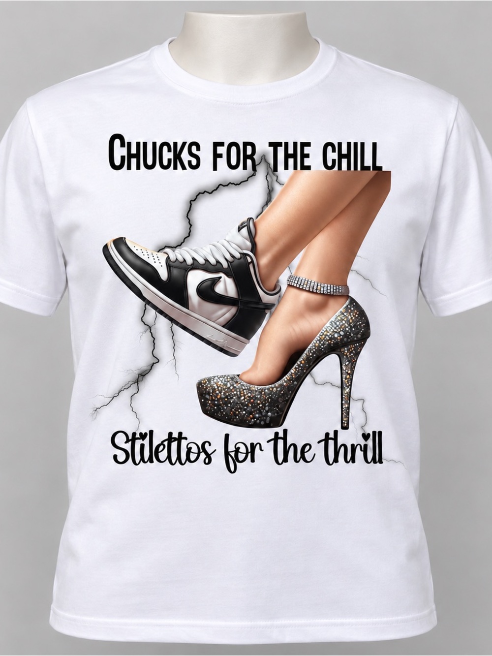 Gildan White Tee with Black Sneaker & Sparkling Silver Stiletto Graphic